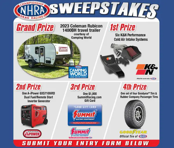 2023 NHRA Sweepstakes - Win A Coleman Rubicon 1400BH Trailer