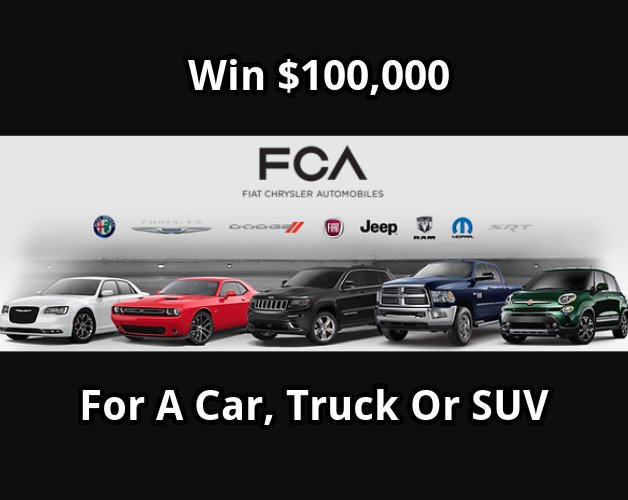 2024 FCA US LLC Sweepstakes - Win $100,000 For A Car, Truck Or SUV