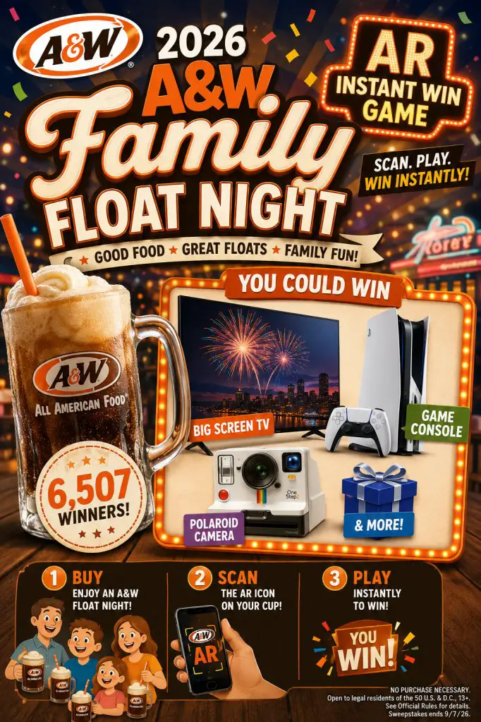 2026 A&W Family Float Night AR Instant Win Game – Win A Big Screen TV, Game Console, Polaroid Camera, & More (6,507 Winners)