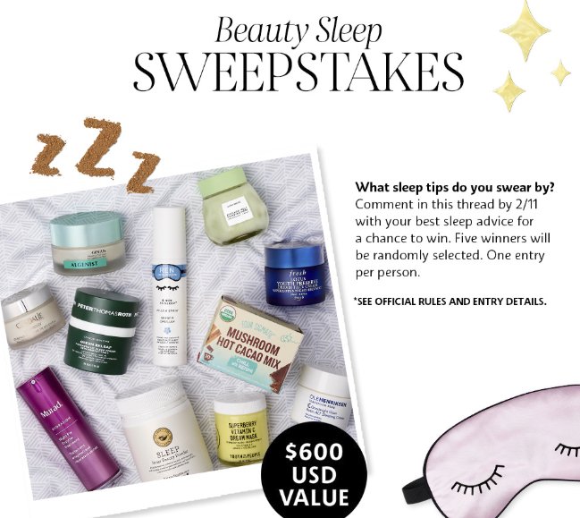 5 Winners, Beauty Sleep Sweepstakes