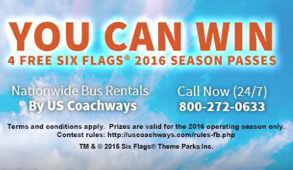 9 Are Destined for the US Coachways Six Flags Season Pass Facebook Sweepstakes