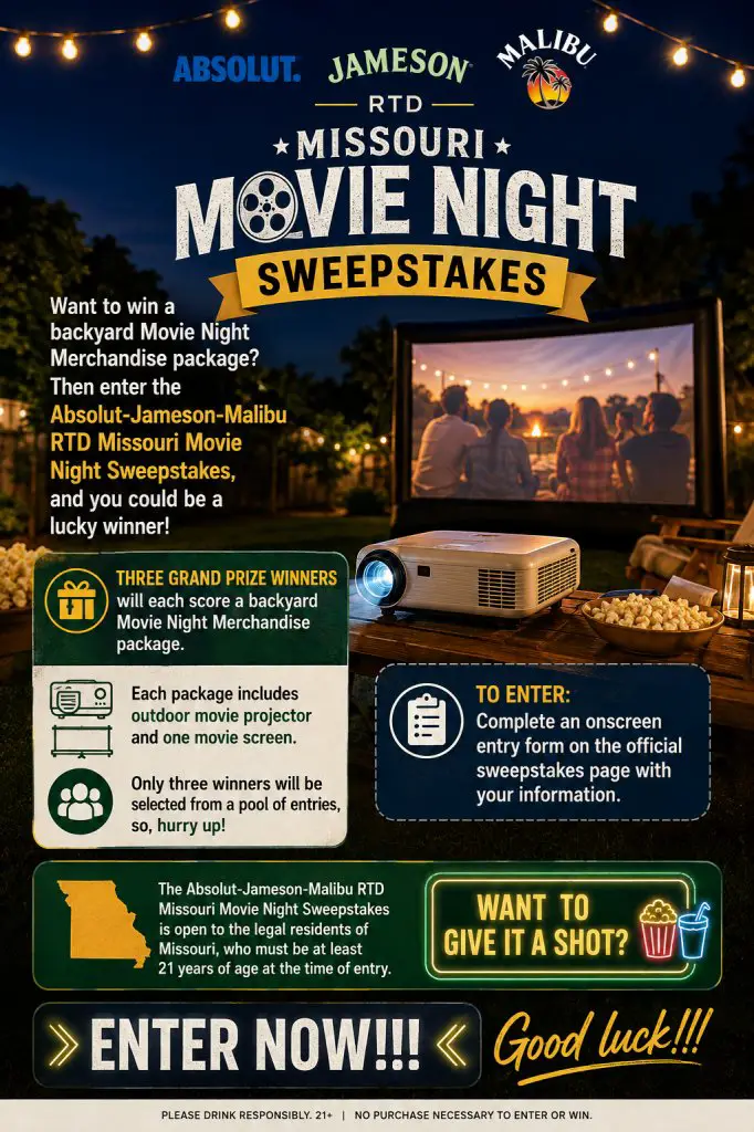 Absolut-Jameson-Malibu RTD Missouri Movie Night Sweepstakes – Win A Backyard Movie Night Merchandise Package (3 Winners)