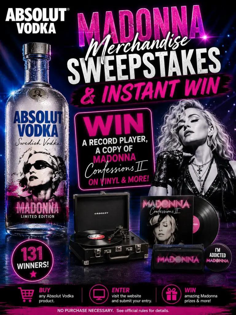 Absolut Vodka Madonna Merchandise Sweepstakes & Instant Win – Win A Record Player, A Copy Of Madonna Confessions II On Vinyl & More (131 Winners)