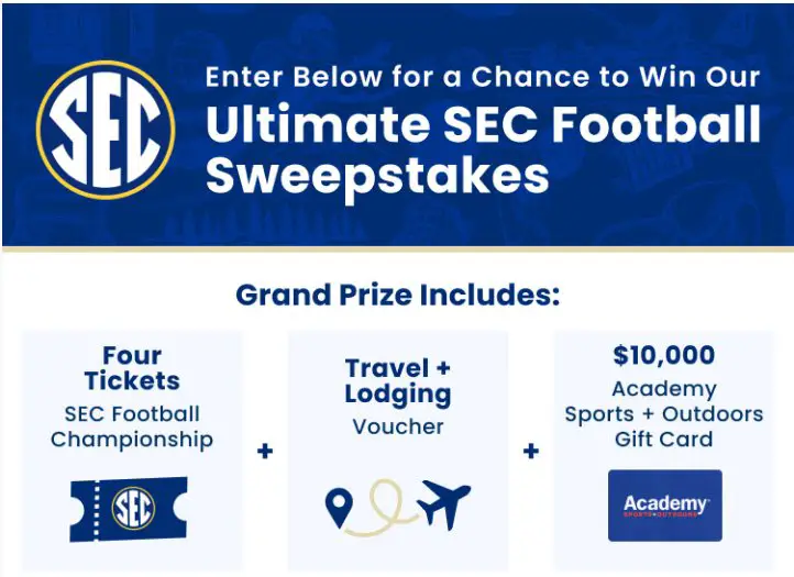 Academy SEC NCAA Football Trip Giveaway - Win Tickets To The SEC NCAA Football Championship Game In Atlanta, GA, Gift Card & More (5 Winners)