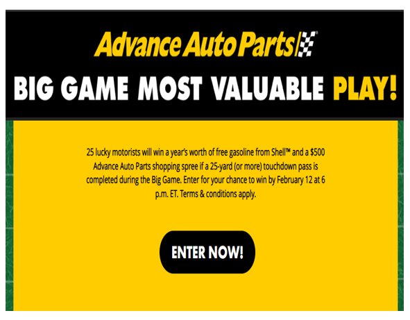 Advance Auto Parts  Big Game Most Valuable Play Sweepstakes - Win Free Shell Gas For A Year