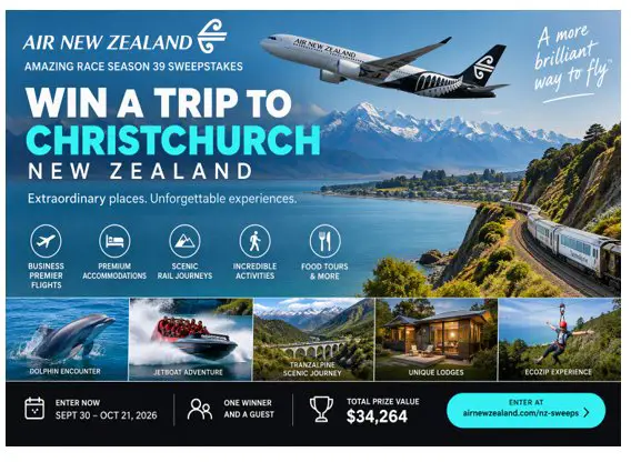 Air New Zealand Amazing Race Season 39 Sweepstakes – Win a $34,000 Trip to New Zealand