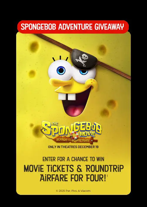 Allegiant Air SpongeBob Movie Sweepstakes – Win a Trip for 4 & Fandango Promo Codes