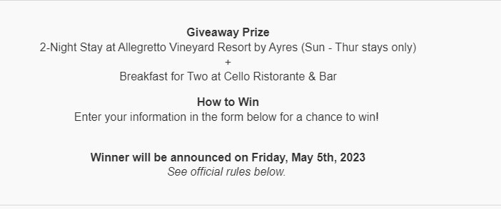 Allegretto Vineyard Resort Vacation Giveaway