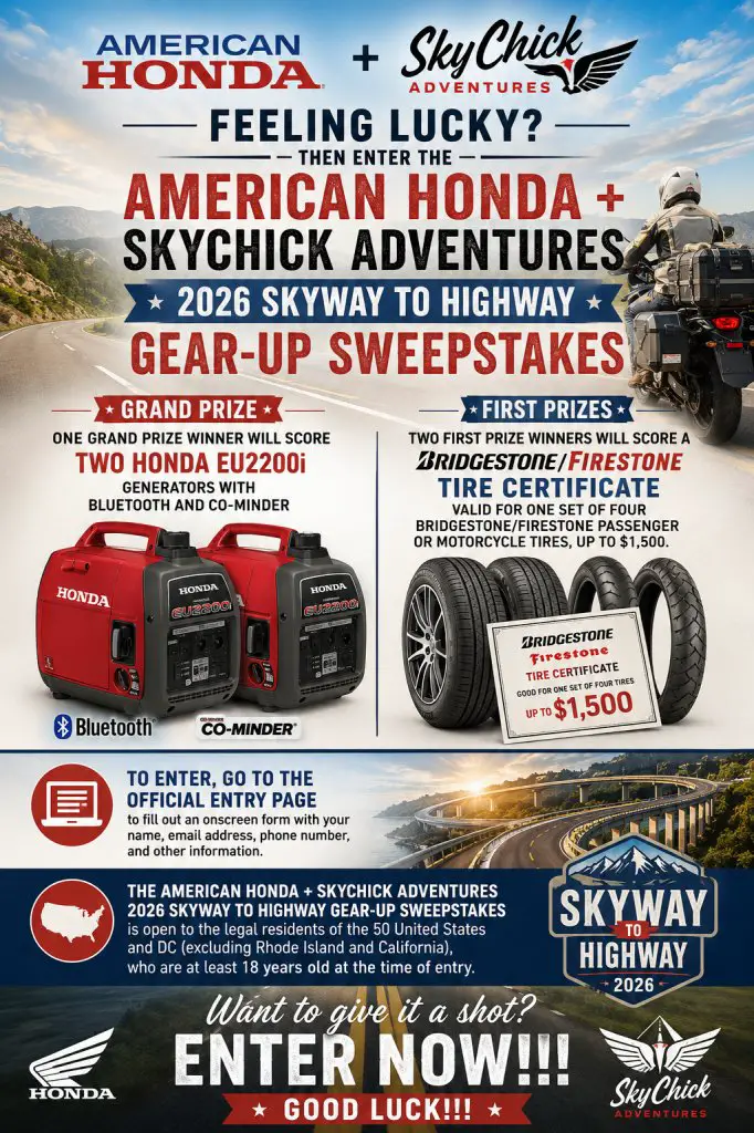 American Honda + SkyChick Adventures 2026 Skyway To Highway Gear-Up Sweepstakes – Win Honda Generators & Bridgestone Or Firestone Tires (3 Winners)