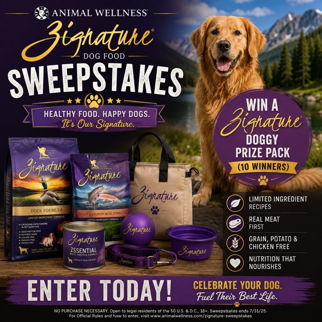Animal Wellness Zignature Dog Food Sweepstakes – Win A Zignature Doggy Prize Pack (10 Winners)