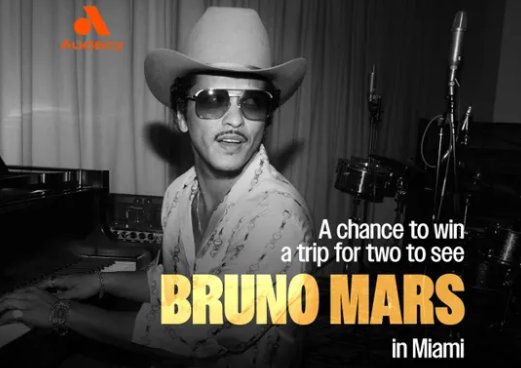 Audacy Bruno Mars Download and Listen Sweepstakes - Win a Trip for 2 to Miami for a Bruno Mars Concert