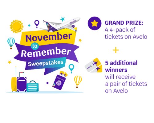 Avelo Airlines November To Remember Sweepstakes - Win 4 Round Trip Tickets