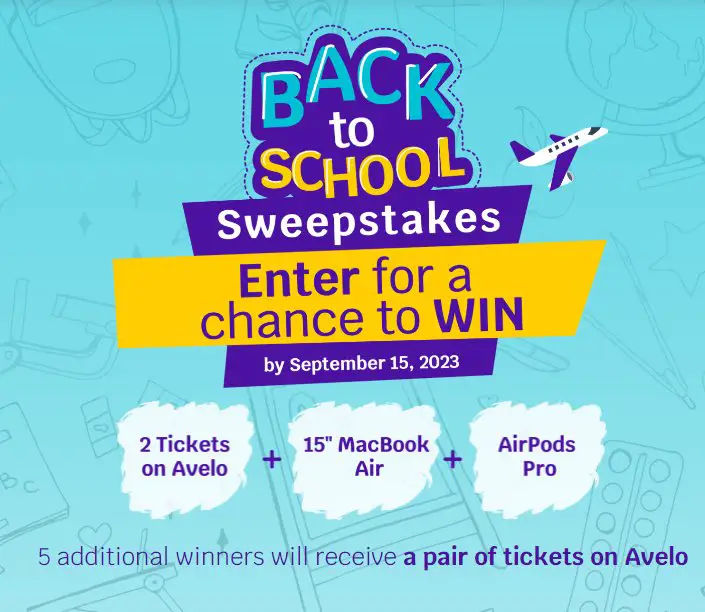 Avelo Back To School Sweepstakes – Win A MacBook Air, 2 Round Trip Tickets + More (6 Winners)