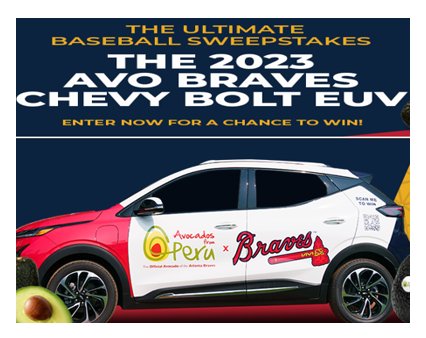 #AvoBraves Sweepstakes - Win A 2023 Chevy Bolt, Braves Home Game Ticket & $1,000