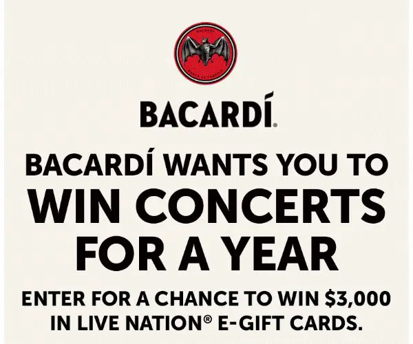 Bacardi Concerts For A Year Sweepstakes - Win A $3,000 Live Nation Gift Card (5 Winners)