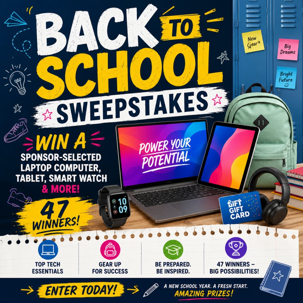 Back To School Sweepstakes – Win A Sponsor-Selected Laptop Computer, Tablet, Smart Watch & More (47 Winners)