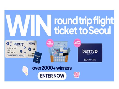 Baerry “Summer” Seoul Flight Giveaway 2026 - Win a Trip to Seoul, Baerry Beauty PR Box or Gift Card (2101 Winners)