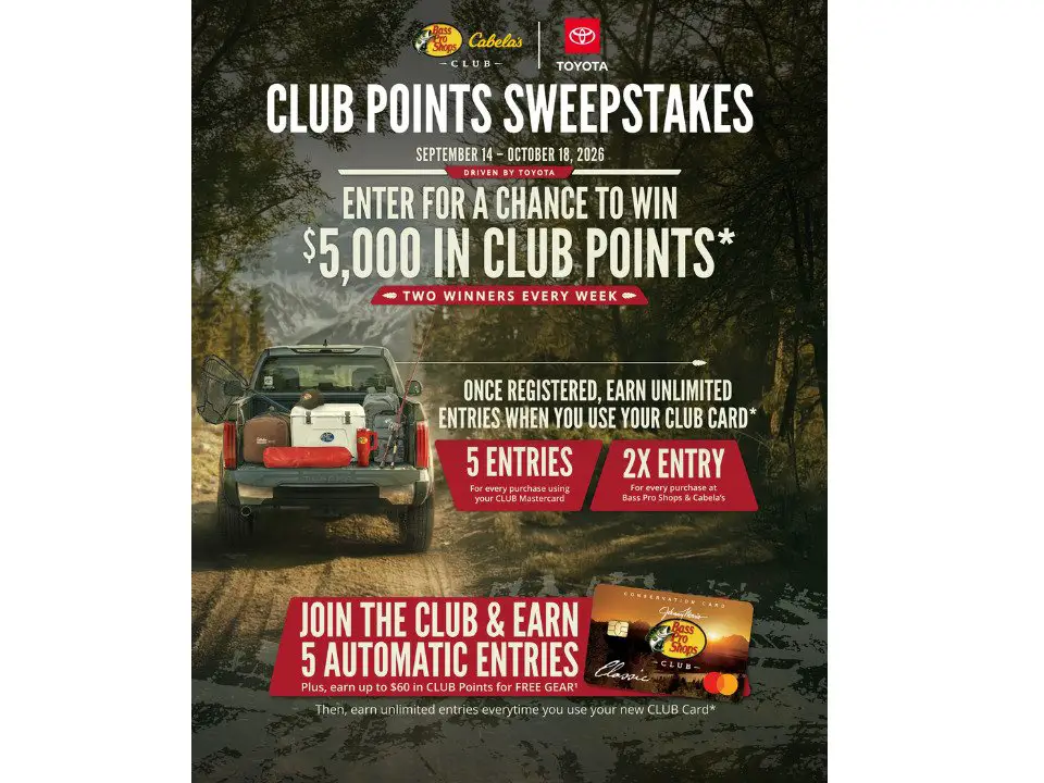 Bass Pro Shops And Cabela’s CLUB Points Sweepstakes - Win $5,000 CLUB Points Or Gift Cards (10 Winners)
