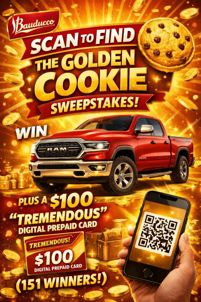 Bauducco Foods Scan To Find The Golden Cookie Sweepstakes – Win A 2026 RAM 1500 Pickup Truck A $100 “Tremendous” Digital Prepaid Card (151 Winners)