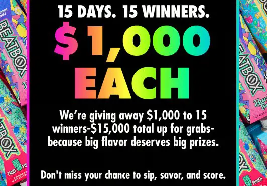 Beatbox Beverages Flavor Pays Big Sweepstakes - $1,000 Cash, 15 WInners