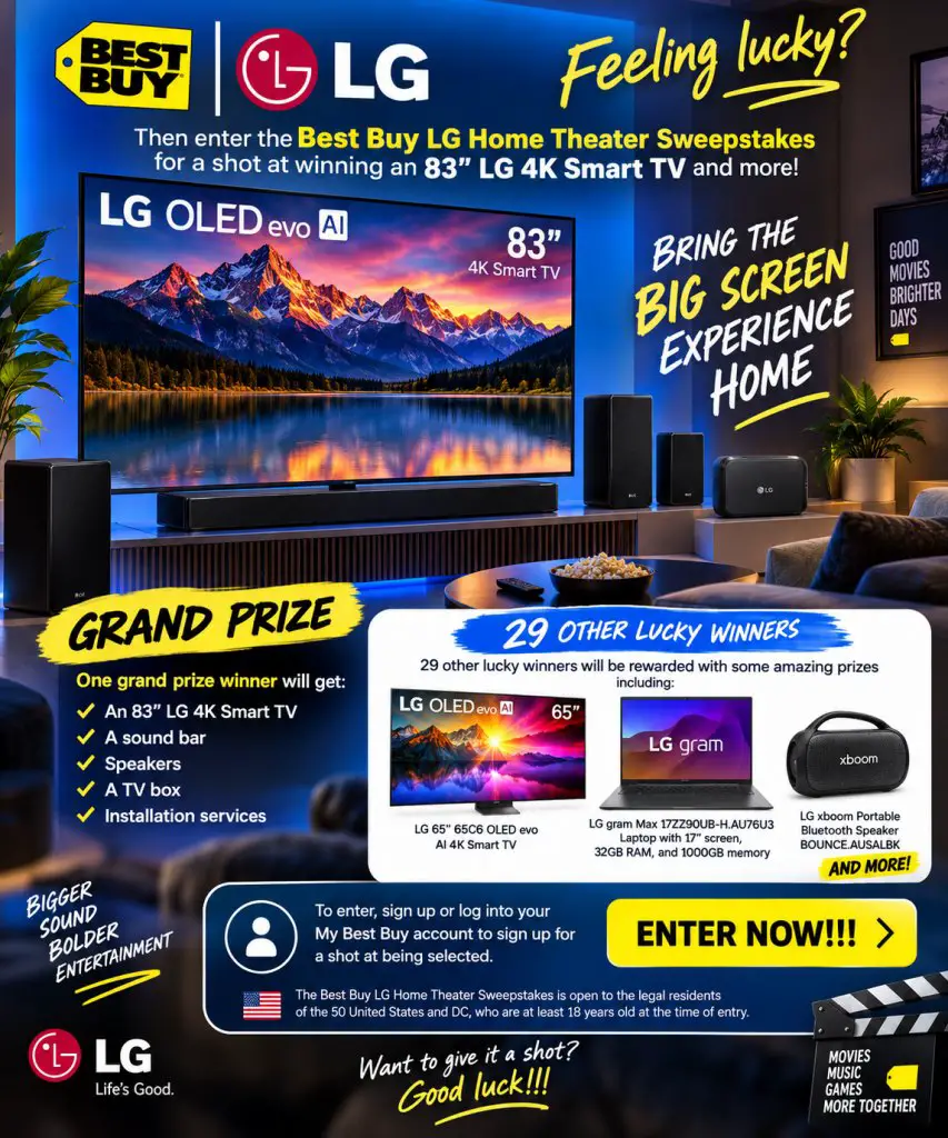Best Buy LG Home Theater Sweepstakes – Win An 83″ LG 4K Smart TV, A Sound Bar, Speakers, TV Box & More (30 Winners)