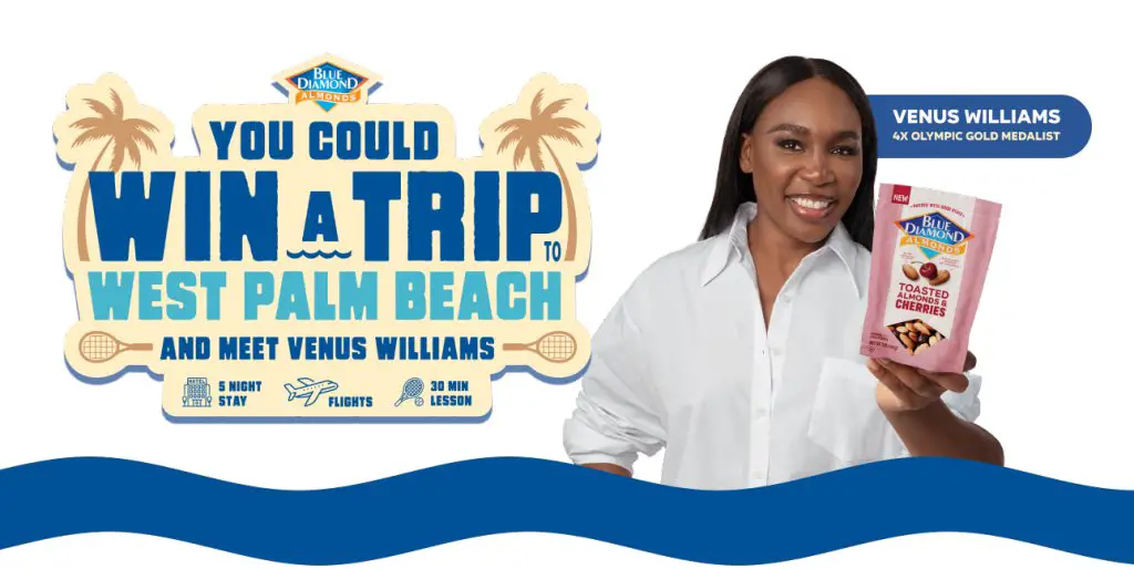 Blue Diamond Venus Williams Sweepstakes – Win A Private Tennis Lesson Trip With Venus Williams & More (604 Winners)