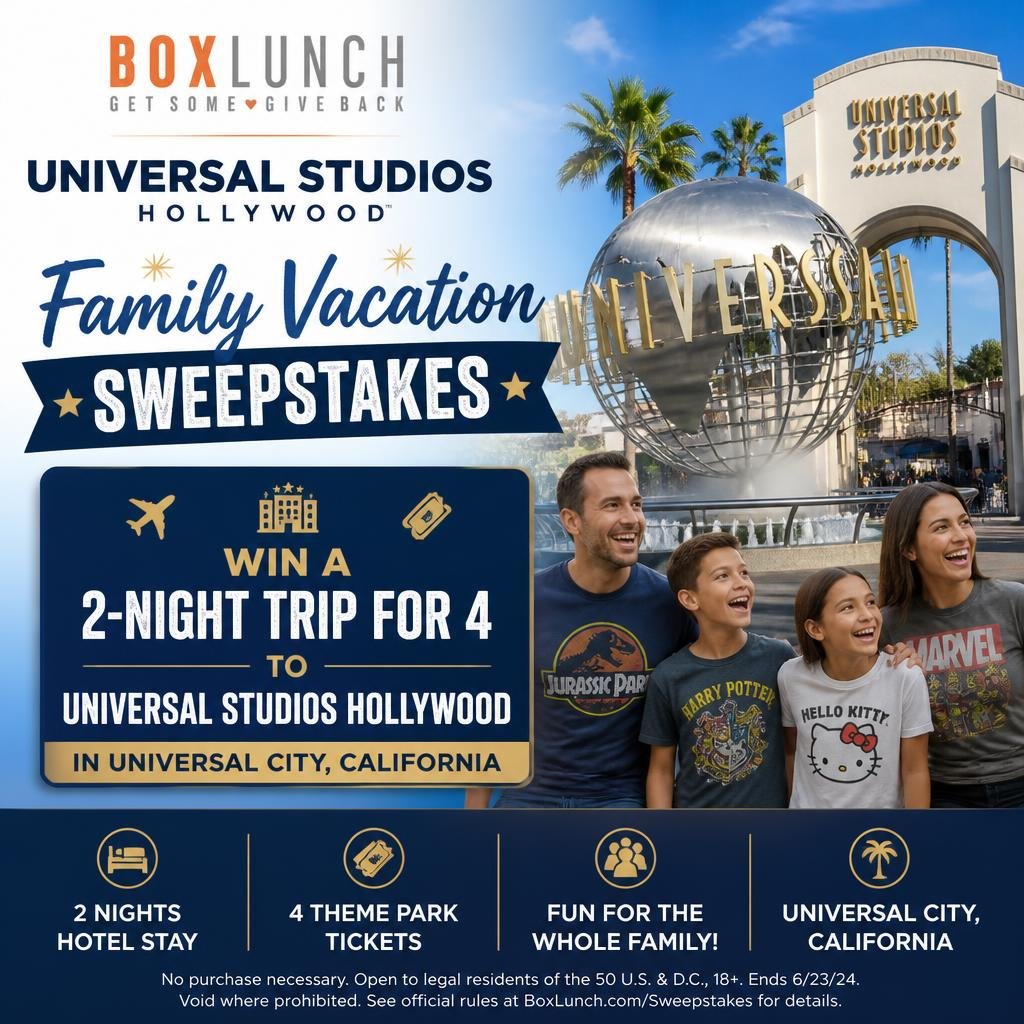 BoxLunch Universal Studios Hollywood Family Vacation Sweepstakes – Win A 2-Night Trip For 4 To Universal Studios Hollywood In Universal City, California