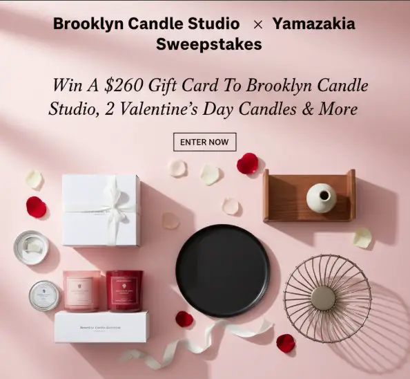 Brooklyn Candle Studio x Yamazaki Sweepstakes – Win A $260 Gift Card To Brooklyn Candle Studio, 2 Valentine’s Day Candles & More