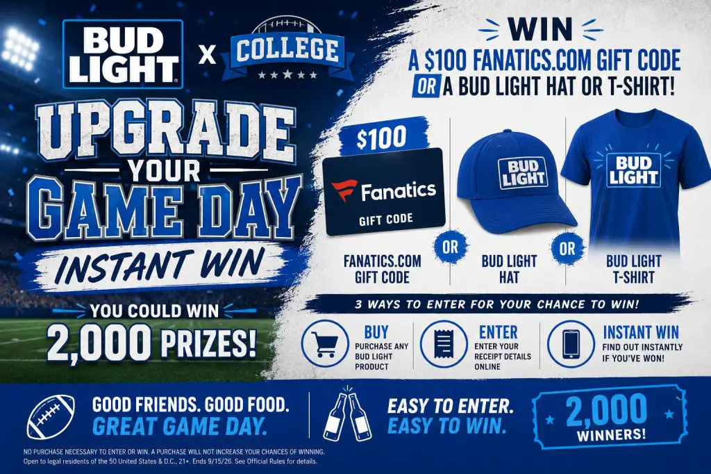 Bud Light x College Upgrade Your Game Day Instant Win – Win A $100 Fanatics.com Gift Code Or A Bud Light Hat Or T-Shirt (2,000 Winners)