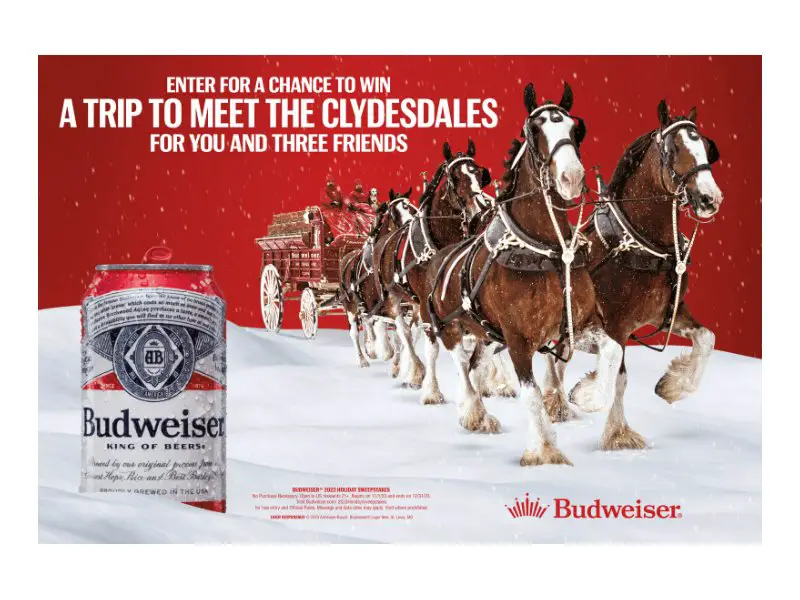 Budweiser 2023 Holiday Sweepstakes - Win A VIP Tour Of St. Louis Brewery, $3,000 Voucher & More