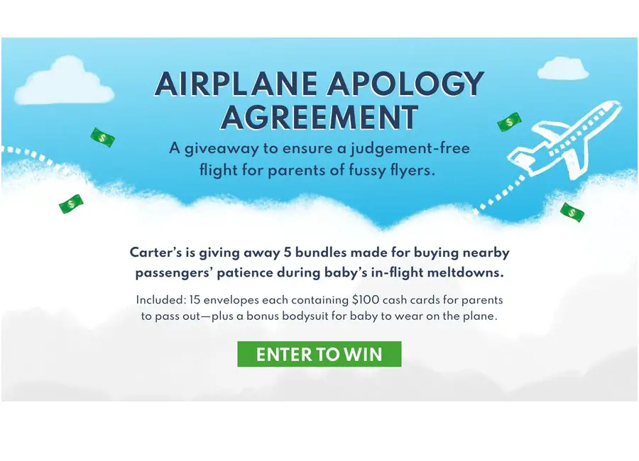 Carter's Airplane Apology Agreement Giveaway - Win $1500 In Gift Cards & A Bodysuit (5 Winners)