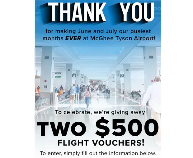 Celebrating Mcghee Tyson Airport’s Busiest Months Ever Gift Card Sweepstakes - Win A $500 Airline Gift Card Or Reimbursement (2 Winners)