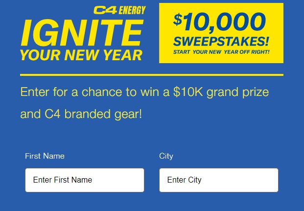Cellucor C4 Energy Ignite Your New Year Sweepstakes – Win $10,000 Cash + A Year's Supply Of C4 Energy & More