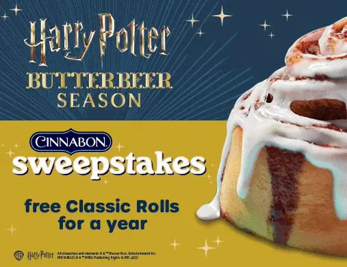 Cinnabon x Harry Potter Butterbeer Sweepstakes - Win free classic rolls for a year.