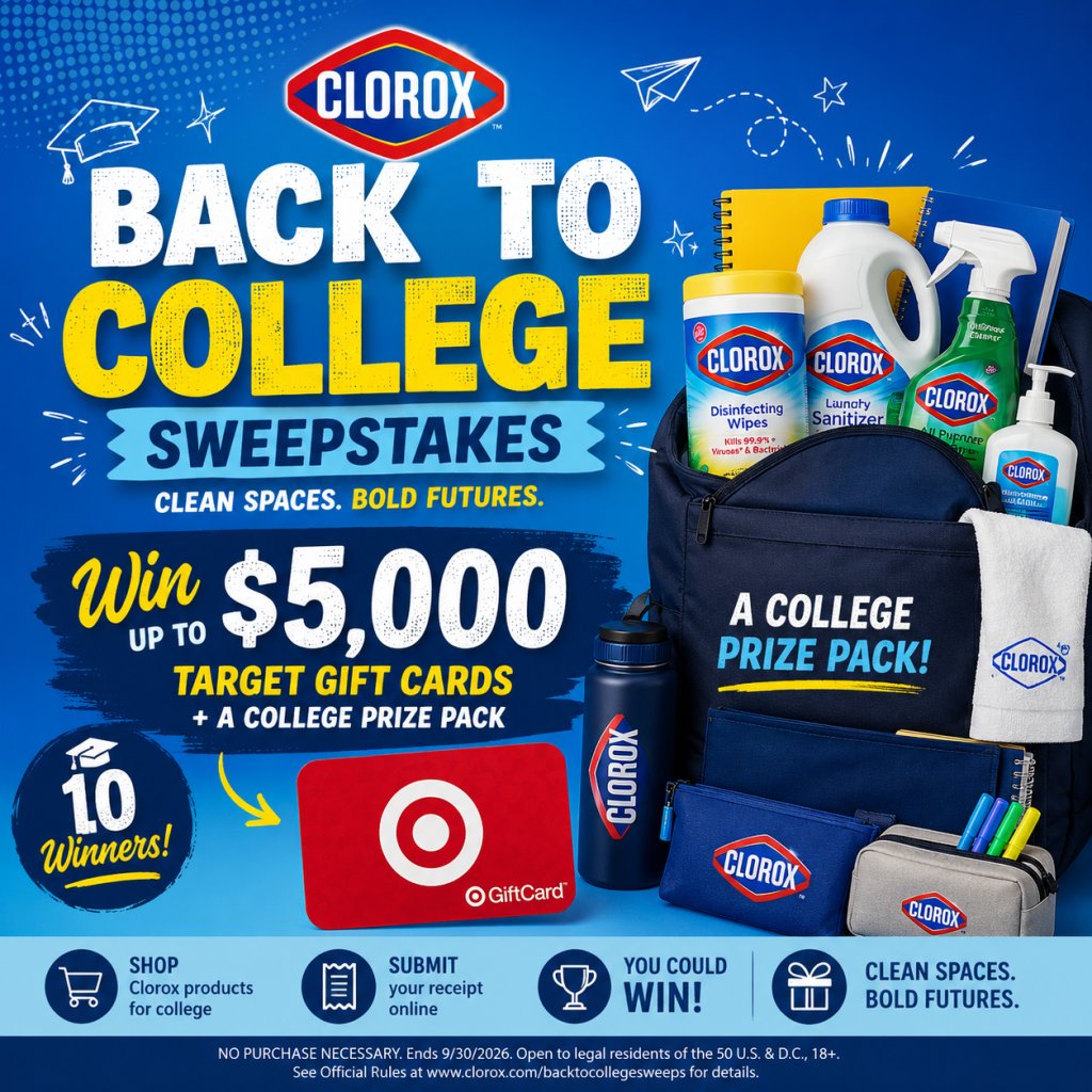 Clorox Back to College Sweepstakes – Win Up To $5,000 Target Gift Cards + A College Prize Pack (10 Winners)