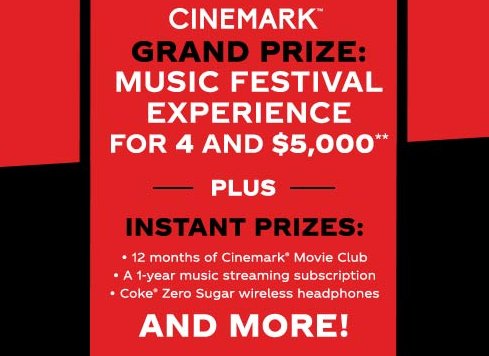 Coca-Cola Cinemark Summer Sweepstakes & Instant Win - Win A $7,000 Trip For 4 To A Music Festival Of Your Choice