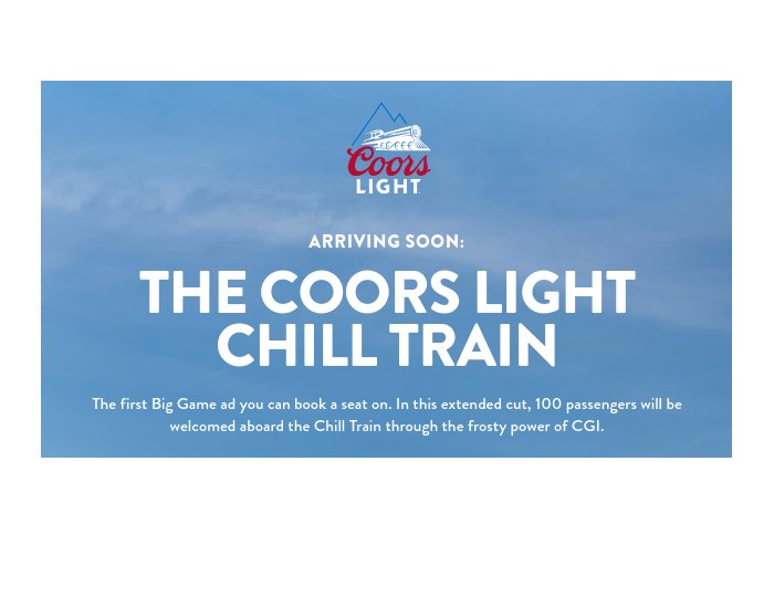 Coors Light Chill Train Sweepstakes - Be Featured In A Super Bowl LVIII Commercial & More