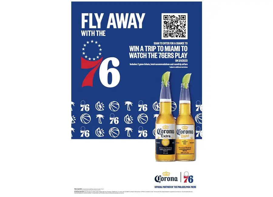 Corona Extra 76ers Flyaway Sweepstakes 2022 - Win 76ers Away Game with Airfare