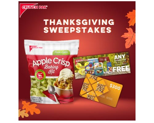 Crunch Pak Thanksgiving Sweepstakes - Win $300 Gift Card, Coupons And More
