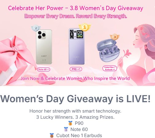 CUBOT Women's Day Giveaway 2026 - Win a Cubot P90 Smartphone or Cubot Note 60