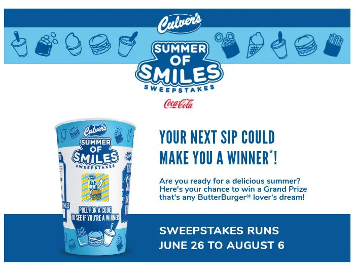 Culver's & Coke Summer Of Smiles Sweepstakes - Win $10,000 Cash & More