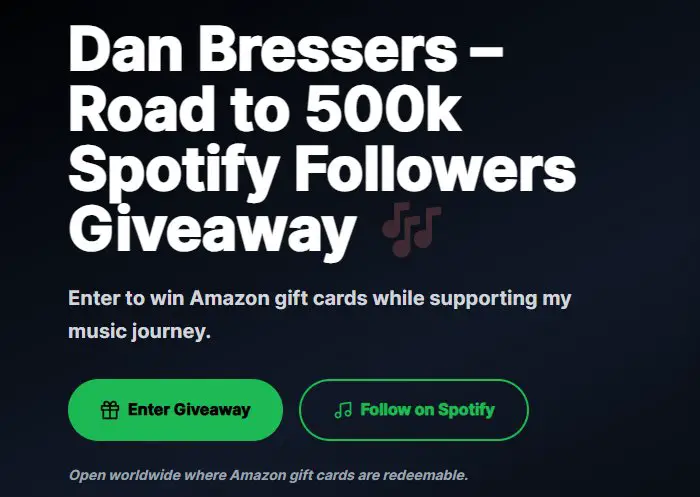 Dan Bressers Music Road to $500K Giveaway - $200, $50 or $25 Amazon Gift Card