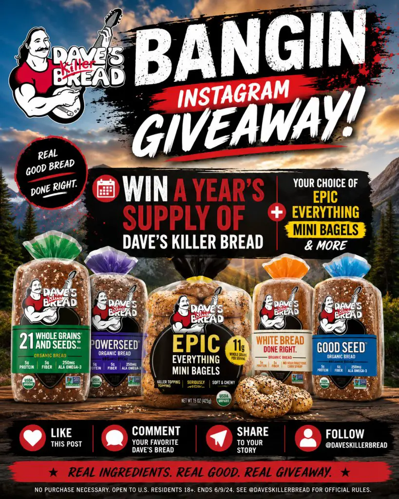 Dave’s Killer Bread Bangin Instagram Giveaway – Win A Year’s Supply Of Dave’s Killer Bread, Your Choice Of Epic Everything Mini Bagels & More