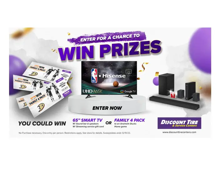 Discount Tire And Service Centers Sweepstakes - Win A 65" TV With Soundbar And Gift Card Or Four Anaheim Ducks Tickets
