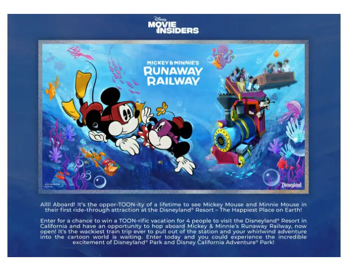 Disney Movie Insiders Mickey & Minnie’s Runaway Railway Sweepstakes - Win a Trip to Disneyland Resort and More