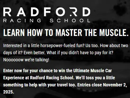 Dodge Garage Radford Driving Course Sweepstakes - Win a Trip for 2 to the Radford Racing School