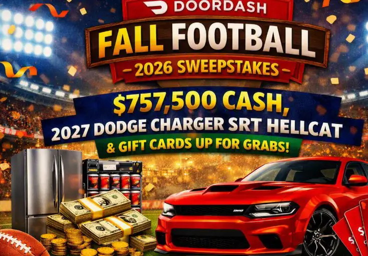 DoorDash Fall Football 2026 Streaks Sweepstakes - $757,500 Cash, 2027 Dodge Charger Hellcat & Gift Cards Up For Grabs