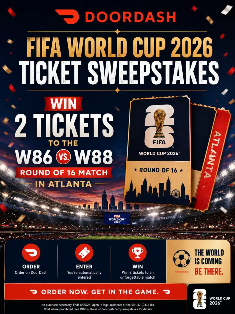 DoorDash FIFA World Cup 2026 Ticket Sweepstakes – Win 2 Tickets To The W86 Vs. W88 Round Of 16 Match In Atlanta