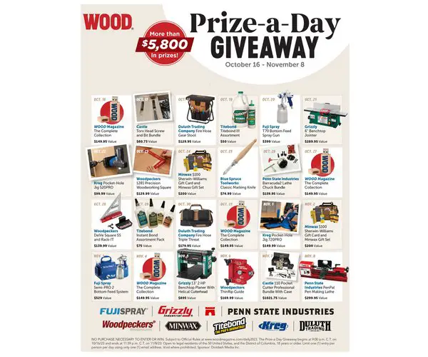 Dotdash Media Wood Prize-A-Day Giveaway 2023 - Win Woodworking Tools And More