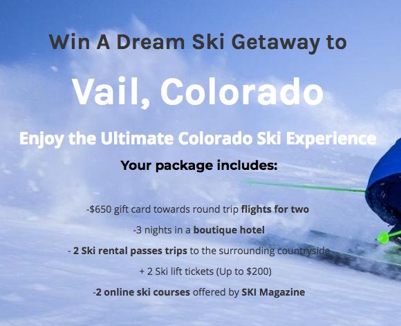 Dream Ski Getaway for 2: Vail, Colorado Sweepstakes